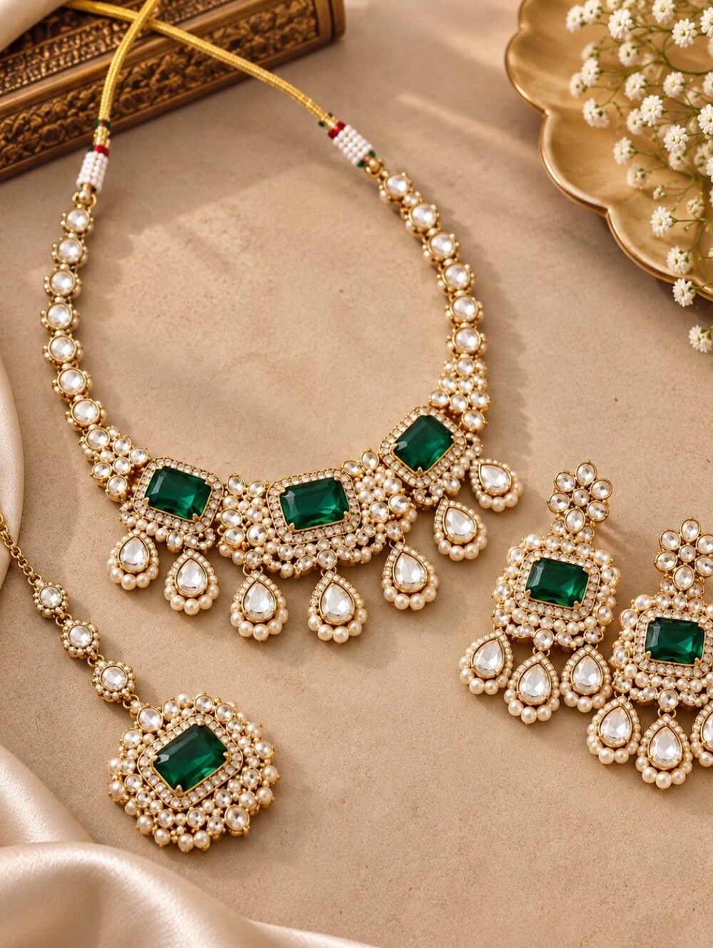 Emerald Green Zircon Polki Necklace Set with Earrings & Maang Tikka